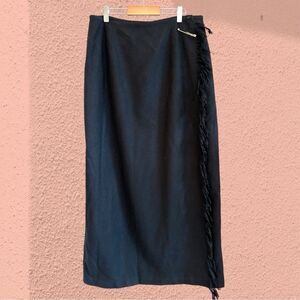 Vintage maxi black wool wrap skirt with fringe